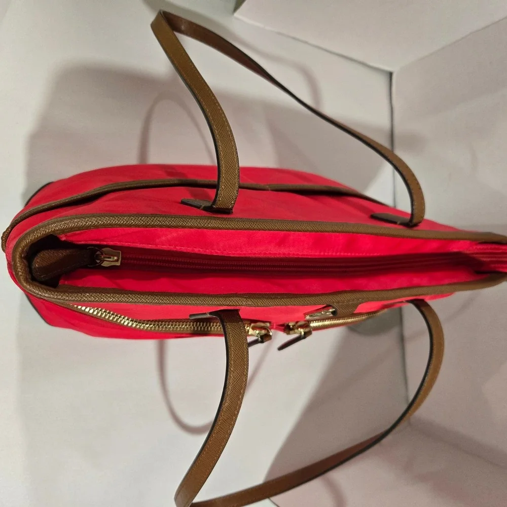 Michael Kors Polly Tote Bag Watermelon Coral Red Nylon Tan Leather Trim
